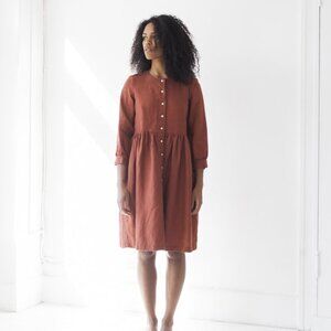 Beaton Linen long sleeve Gathered Dress, Bright Teal